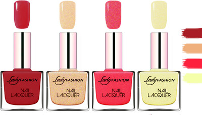 

Lady Fashion Extra Shine Extra Long Stay Chip Resistant Nail Polish Dark Red,Beach Nude,Bright Pink,Mettalic Gold(Pack of 4)