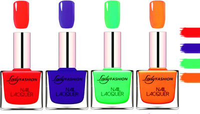Lady Fashion Extra Shine Extra Long Stay Chip Resistant Nail Polish Juicy Red,Blue,Light Green,Juicy Orange(Pack of 4)