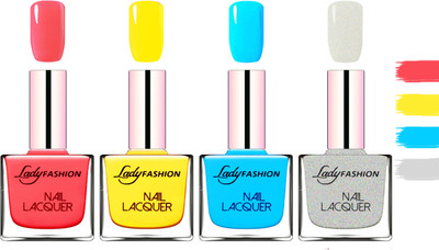 Lady Fashion Extra Shine Extra Long Stay Chip Resistant Nail Polish Baby Pink,Yellow,Sky Blue,Grey(Pack of 4)