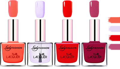 

Lady Fashion Extra Shine Extra Long Stay Chip Resistant Nail Polish Light Orange,Top Coat,Red,Maroon(Pack of 4)