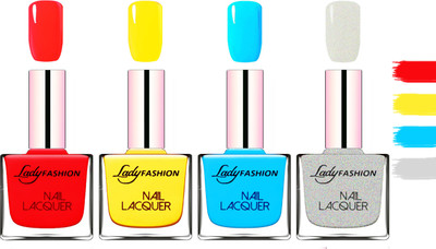

Lady Fashion Extra Shine Extra Long Stay Chip Resistant Nail Polish Juicy Red,Yellow,Sky Blue,Grey(Pack of 4)