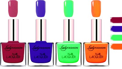 Lady FASHION Extra Shine Extra Long Stay Chip Resistant Nail Polish Maroon,Blue,Light Green,Juicy Orange(Pack of 4)