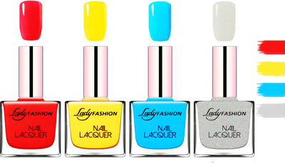 

Lady Fashion Extra Shine Extra Long Stay Chip Resistant Nail Polish Bright Red,Yellow,Sky Blue,Grey(Pack of 4)