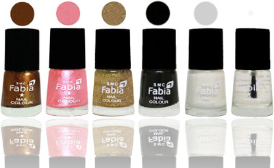 

FABIA 6pcs (6ml each) Glossy Shine Nail Polish Premium Collection for Wedding, Party, Collage Girls 265 Dark Golden-Jerry Peach-Light Golden-Black-White-Top Coat(Pack of 6)