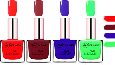 

Lady Fashion Extra Shine Extra Long Stay Chip Resistant Nail Polish Juicy Red,Voilet,Blue,Light Green(Pack of 4)