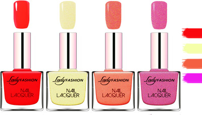 

Lady Fashion Extra Shine Extra Long Stay Chip Resistant Nail Polish Juicy Red,Mettalic Gold,Orange Silk,Abricoat Rose(Pack of 4)