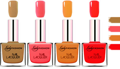 Lady Fashion Extra Shine Extra Long Stay Chip Resistant Nail Polish Mettalic Brown,Baby Pink,Nude,Juicy Red(Pack of 4)
