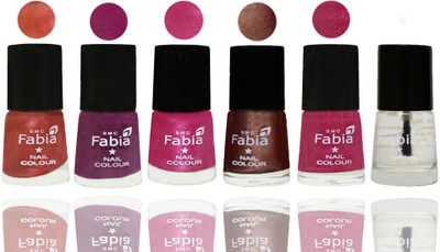 

FABIA 6pcs (6ml each) Glossy Shine Nail Polish Premium Collection for Wedding, Party, Collage Girls 250 Dark Peach-Shock Pink-Pink-Light Coffee-Magenta-Top Coat(Pack of 6)