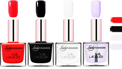 

Lady Fashion Extra Shine Extra Long Stay Chip Resistant Nail Polish Bright Red,Black,White,Top Coat(Pack of 4)