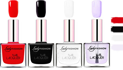 

Lady Fashion Extra Shine Extra Long Stay Chip Resistant Nail Polish Red,Black,White,Top Coat(Pack of 4)