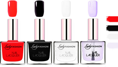 

Lady Fashion Extra Shine Extra Long Stay Chip Resistant Nail Polish Juicy Red,Black,White,Top Coat(Pack of 4)