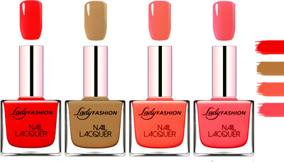 

Lady Fashion Extra Shine Extra Long Stay Chip Resistant Nail Polish Red,Copper,Mettalic Pink,Light Orange(Pack of 4)