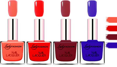 

Lady Fashion Extra Shine Extra Long Stay Chip Resistant Nail Polish Light Orange,Bright Red,Voilet,Blue(Pack of 4)
