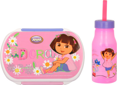 

JEWEL Crunchy big Plastic Lunch box and Polo small water bottle Dora Print School Set