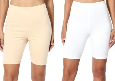 Lili Solid Women White, Beige Compression Shorts