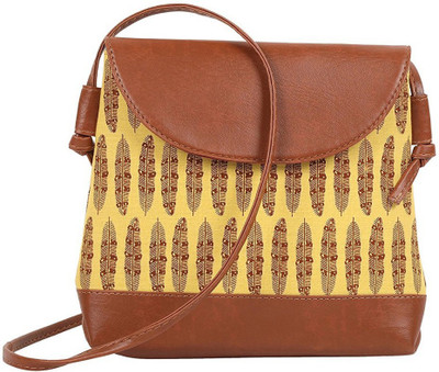 

MAAND Women Casual Yellow, Brown Leatherette, Cotton, PU Sling Bag, Brown;yellow