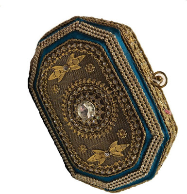 

Maniram Creation Women Evening/Party Gold, Blue Leatherette Clutch, Blue;gold