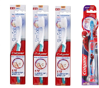 

Colgate Slimsoft tooth brush 3pcs(for Adults)+Spiderman tooth brush 1pc (for baby boy) extra soft tooth brush family pack Extra Soft Toothbrush(Pack of 4)