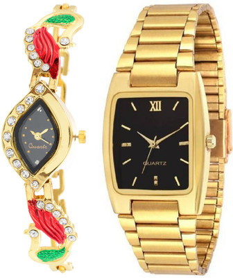 

Rage Enterprise New Designer Gold Strap Black Dial Couple Watch - For Men & Women