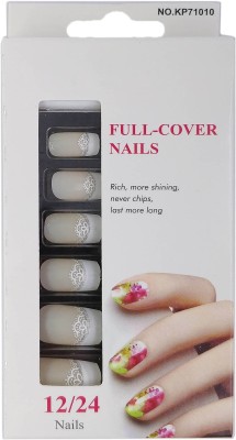 One Personal Care Abstract Embroidery Print Full Cover Nails UBB174-01 Beige, White(Pack of 12)