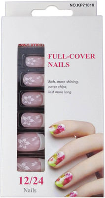 

One Personal Care Cambridge Scarlet Flower Print Full Cover Nails UBB174-05 Baby Pink, White(Pack of 12)