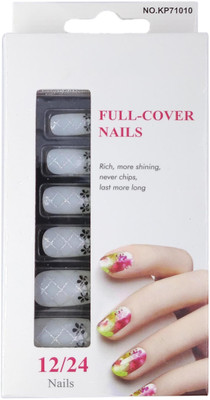 

One Personal Care Checkered Flower Print Full Cover Nails UBB174-011 White, Black, Silver(Pack of 12)