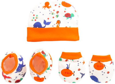 

Pebbles Combo of Cotton Cap, Mitten, Bootie 0-12 Month Baby Pack Of-3(Orange)