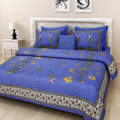 RAJDEVI JAIPUR PRINTS 228 TC Cotton King 3D Printed Flat Bedsheet(Pack of 3, Blue)