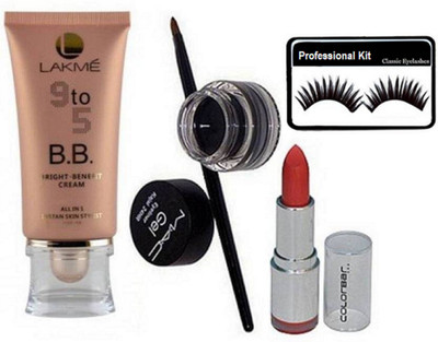 

Professional kit Eyelashes,Lakme 9to5 bright benefit cream, Mac gel eyeliner& Colour lipstick(Set of 4)