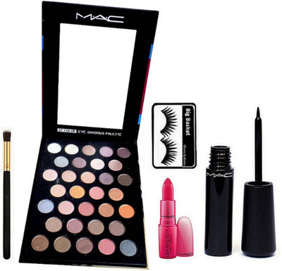 

big Basket Eyelashes & Mac Makeup 32 Professional Multi Colour Eye Shadows Palette, Brush, liquid Eyeliner liquidlast liner Eve-Liner, GiAMBATTiSTA VALLi Paris Lipstick(Set of 5)