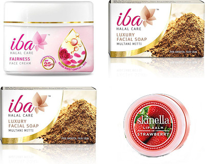 

iba halal care Fairness Face Cream SPF 25+(50g), 2 Luxury Facial Soap - Multani Mitti (25 g) & Skinella Lip Balm Strawberry(8g) combo(Set of 4)