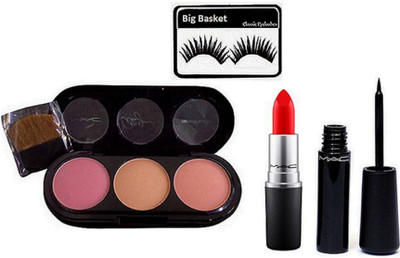 

big Basket Eyelashes, Mac 3 Shades Blusher, Liquid Eyeliner, Matte Lipstick(Set of 4)