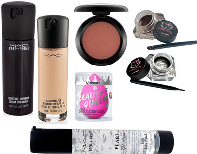 

Ultimate Sponge puff, Mac Matchmaster Foundation, Prep+prime Moisture Infusion Serum, Pearl Gel Primer, Star trik Blusher, Hello kitty Two Eyeliner(Set of 6)