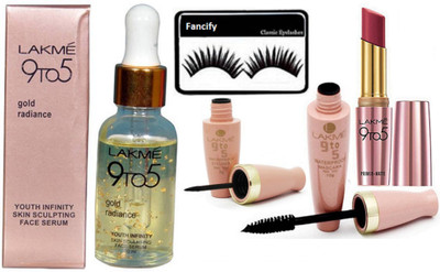 

Fancify Eyelashes, 9to5 Gold Radiance Serum, Waterproof Eyeliner & Mascara, Primer+matte Lipstick(Set of 5)