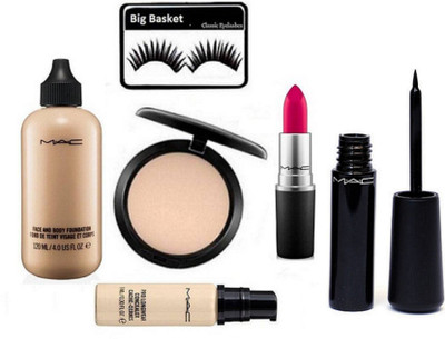 

big Basket Eyelashes,Mac Face And Body Foundation,Mac Studio Fix Compact,Lipstick& Liquid Eyeliner liquidlast liner Eve-Liner(Set of 6)