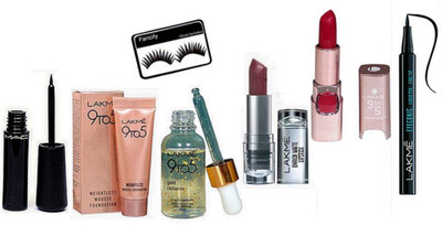 

Fancify Eyelashes&Lakme Enrich Lipstick&9to5 Lipstick&Mousse Travel Pack&Eyeconic&Gold Radiance Face Serum& Mac Liquid last Eyeliner(Set of 7)