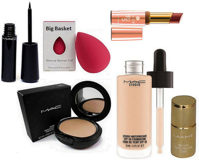 

big Basket Sponge Puff & Fix Compact, Studio Waterweight Spf 30 Foundation, Liquid Eyeliner, 9to5 Matte Lipstick, Mirror Nail Paint(Set of 6)