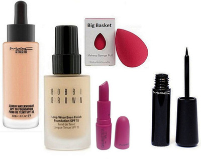 

big Basket Sponge Puff, Mac Studio Waterweight Foundation, Bobbi Brown Long Wear Even Finish Foundation, GiAMBATTiSTA VALLi Paris Lipstick Milan Mode,Liquid Eyeliner liquidlast liner Eve-Liner(Set of 5)