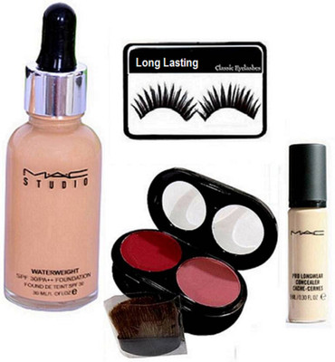 

Longlasting Eyelashes,spa 30 pa++ foundation,pro long wear concealer& 2 shades blusher(Set of 4)