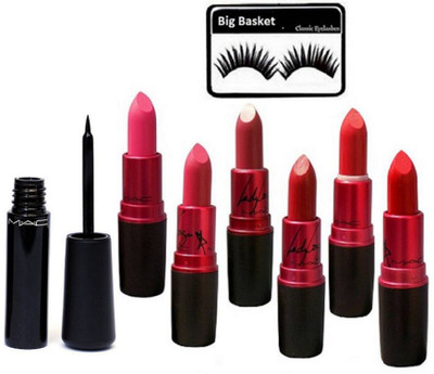 

big Basket Eyelashes &Mac Matte Finsish Lady Gaga Lipstick Multicolour& Mac Liquid Eyeliner liquidlast liner Eve-Liner(Set of 8)