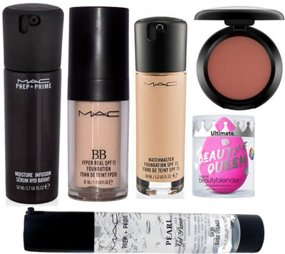 

Ultimate Sponge puff, Mac BB Hyper Real & Matchmaster Foundation, Prep+prime Moisture Infusion Serum, Pearl Gel Primer, Star trik Blusher(Set of 6)