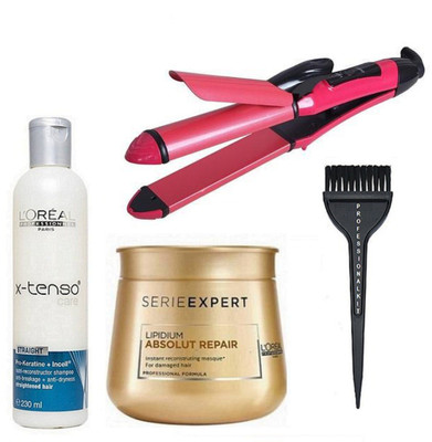

Professional kit Hair brush&L'oreal Professional Serie Expert Lipidium Absolute Repair Masque,Beauty 2 in 1 Hair Straight Curler with l'oreal paris x-tenso care Shampoo(Set of 4)