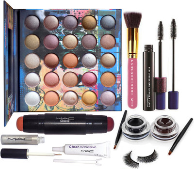 

Professional kit Make Up Brush, Mac 25 Shade Eyeshadow Palette, Double Shade Corrector Conter Stick, Haute And Naughty Double Effect Mascara, Hello Kitty Gel Eyeliner With Gliter Eyeliner, Eyelashes With Eyelashes Glue(Set of 8)