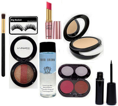 

big basket Eyelashes, Mac Studio Fix Compact, Mac fard A" Joues Mineralize Eyeshadow, Bobbi Brown Instant Long Wear Makeup Remover, Brush, 2 Shades Blusher, 9to5 Matte Lipstick, Liquid Eyeliner(Set of 8)