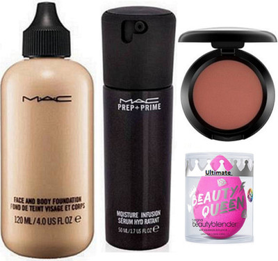 

Ultimate Sponge Puff, Mac Face and Body Foundation, Prep+prime Moisture Infusion Serum, Star trik Powder Blusher(Set of 4)
