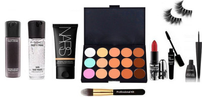 

professional kit Make Up Brush & Mac Prep+Prime Skin Base Visage Primer, Infusion Serum, 15 shade Concealer Palette, Brook candy Lipstick, Eyeliner & Mascara, Nars liquid Foundation With Eyelashes (Set of 8)(Set of 8)