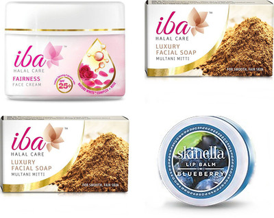 

iba halal care Fairness Face Cream SPF 25+(50g), 2 Luxury Facial Soap - Multani Mitti (25 g) & Lip Balm Blueberry (8g) combo(Set of 4)