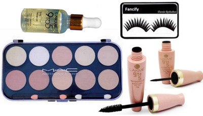 

Fancify eyelashes , mac 10 shades concealer palette with 9 to 5 eyeliner & mascara and Gold Radiance Serum(Set of 5)