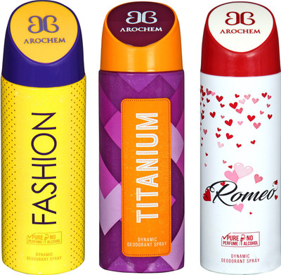 

arochem FASHION & ROMEN & TITANIUM 3 PACK COMBO DYNAMIC DEODORANT SPRAY Deodorant Spray - For Men & Women(600 ml, Pack of 3)