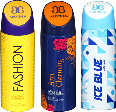 

arochem FASHION & ICE BLUE & ARO CHARMING 3 PACK COMBO DYNAMIC DEODORANT SPRAY Deodorant Spray - For Men & Women(600 ml, Pack of 3)